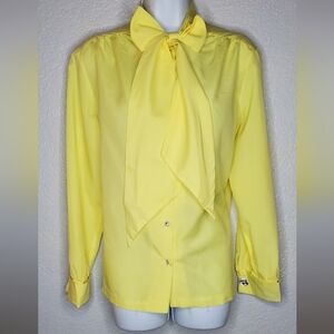 Lee Mar Pageant Yellow Vintage Long Sleeve Tie Neck Bow Blouse Cuff Links Large